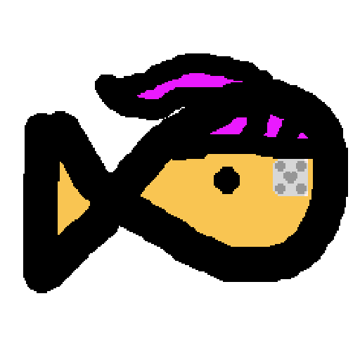 A crudely drawn goldfish with pink hair in the shape of a ponytail and an eyepatch.